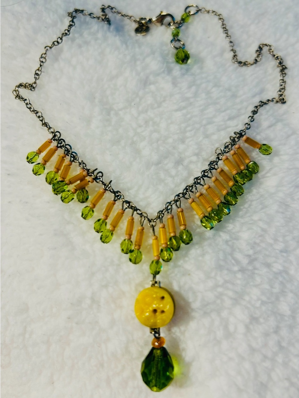David Aubrey:  Yellow and Green Beaded Fringe Pendant Necklace